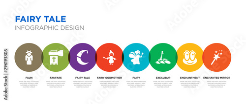 8 colorful fairy tale vector icons set such as enchanted mirror, enchantment, excalibur, fairy, fairy godmother, tale, fanfare, faun