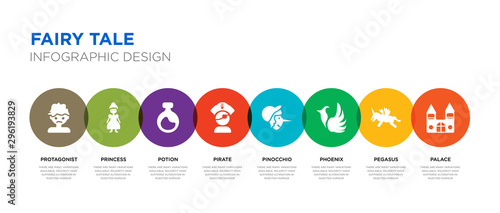 8 colorful fairy tale vector icons set such as palace, pegasus, phoenix, pinocchio, pirate, potion, princess, protagonist