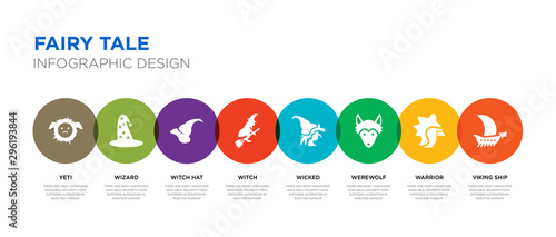 8 colorful fairy tale vector icons set such as viking ship, warrior, werewolf, wicked, witch, witch hat, wizard, yeti