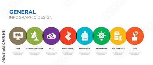 8 colorful general vector icons set such as quiz, real time data, realization, referendum, road tunnel, saas, satellite antenna, sem