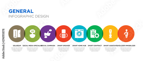 8 colorful general vector icons set such as shoulder immobilizer, smart assistant, smart contract, smart home hub, speaker, social campaign, social media specialist, solarium