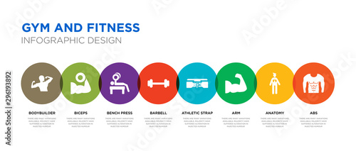 8 colorful gym and fitness vector icons set such as abs, anatomy, arm, athletic strap, barbell, bench press, biceps, bodybuilder