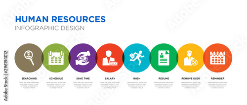 8 colorful human resources vector icons set such as reminder, remove user, resume, rush, salary, save time, schedule, searching