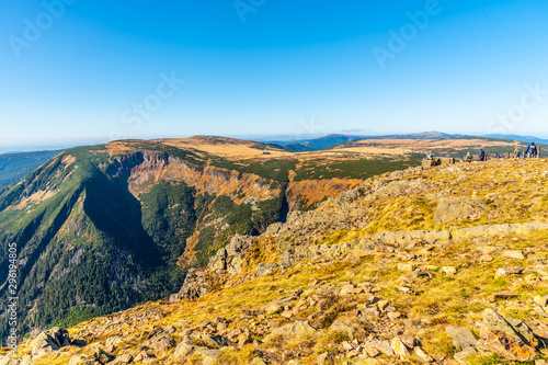 Studnicni Mountain and Giant Valley, Czech: Obri dul, on autumn sunny day in Krkonose - Giant Mountains, Czech Republic. View from lookout point on Snezka Mountain
