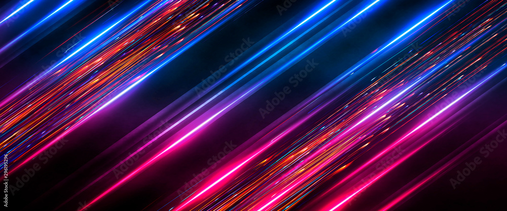 Naklejka Ciemne tło futurystyczny. Linie neonowe, blask. Linie neonowe, kształty. Różowy i niebieski blask.