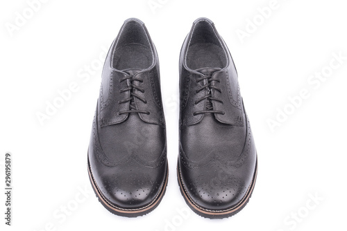 Black leather male shoes, white background. Men's ankle boot leather isolated on white background, closed up. For business and office. Official and casual, footwear. Front, top view.