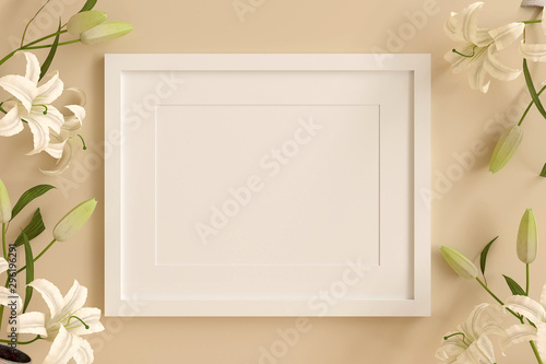 empty white picture frame for insert text or image inside with white flower decorate on orange pastel color..