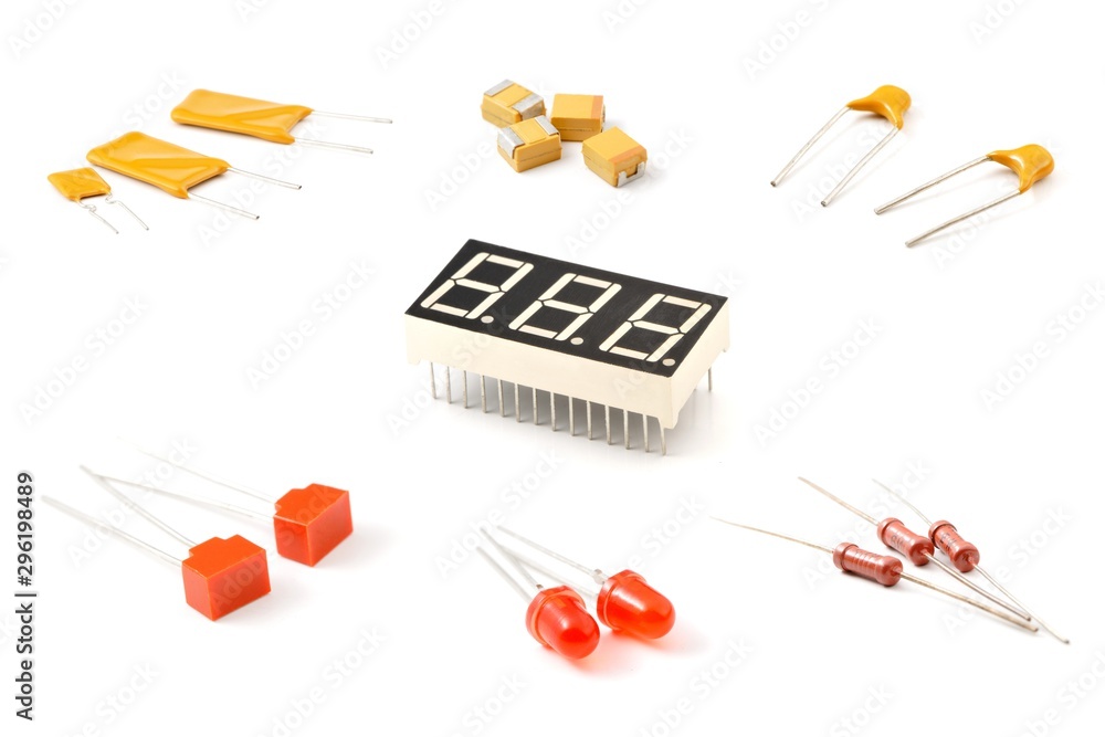 Set of components, LED indicator, capacitor, resistor, diode Stock Photo |  Adobe Stock