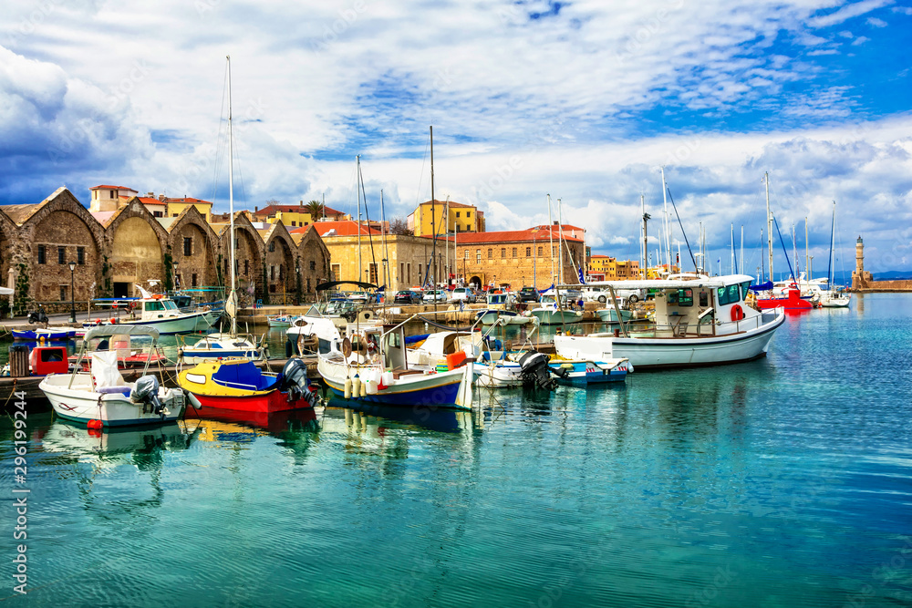 Travel in Greece - beautiful pier of old town Chania in Crete island