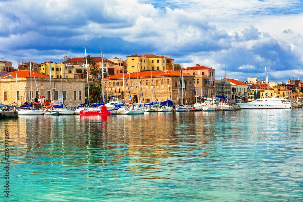 Travel in Greece - beautiful pier of old town Chania in Crete island