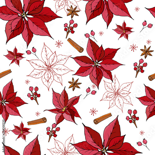 Christmas Winter Poinsettia Flowers Seamless Background. Hand drawn doodle style Floral Pattern in vector.