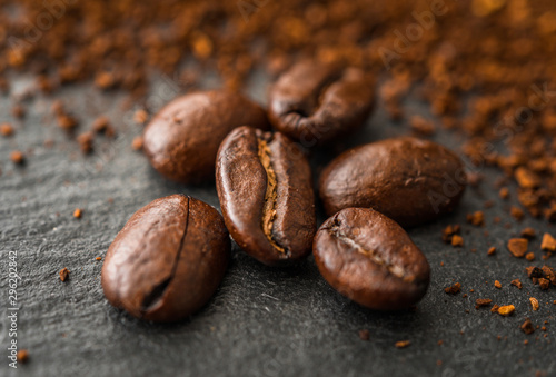 Close up macro photo of roasted coffee beans