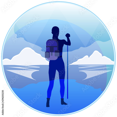Traveler with a backpack - abstract mountain landscape - round monotonous icon - isolated on white background - vector. Pilgrim. Hiking. Travel banner.