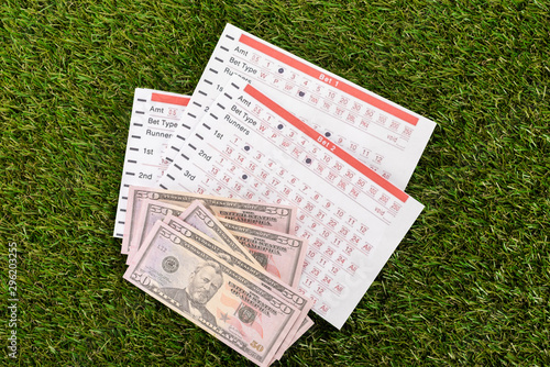 top view of dollar banknotes and betting lists on green grass, sports betting concept photo