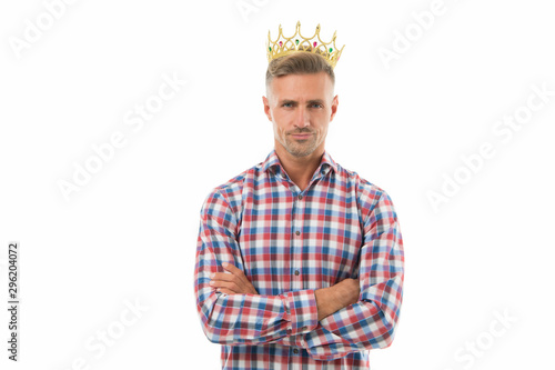 This is success. Confident champion. Crowned champion with crown isolated on white. Handsome man got champion tittle. Selfish project champion or winner after coronation