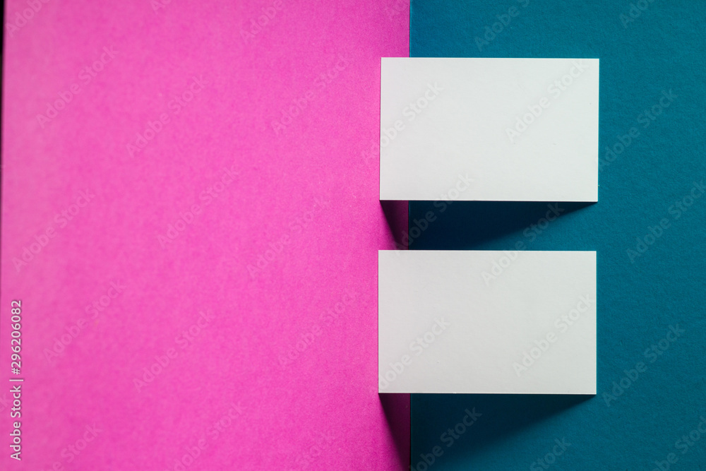 Business cards blank. Mockup on color background. Flat Lay. copy space for text. Business cards blank. Mockup on color background. Flat Lay. copy space for text.