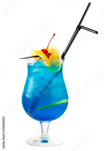 Blue Lagoon . Alcohol cocktail isolated on white