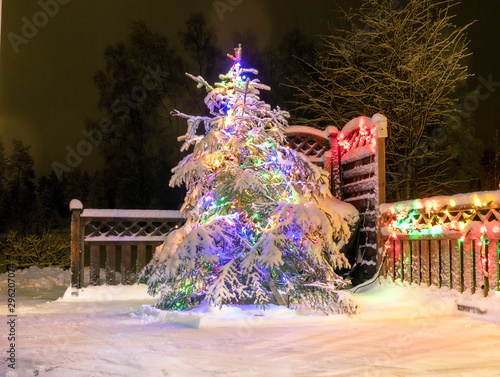 Real Christmas Tree in Sweden - very shiny Christmas decorations on the fir tree outside on terrace, dark night, much snow, Led lamps usage to save energy and climate, Stocksjo, Umea, Vasterbotten photo