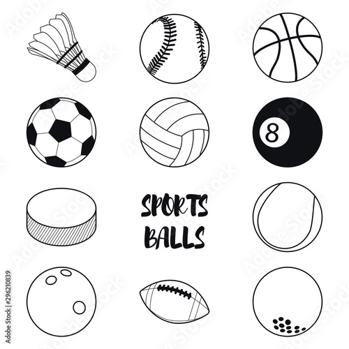 Sports Balls Vector Icon Set. Badminton, Beisbol, Basketball, Soccer, Volleyball, Billiards, Hockey, Tennis, Bowling, American Football and Golf
