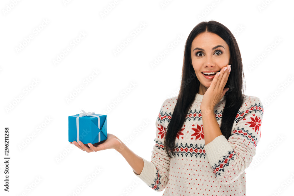 excited woman holding present isolated on white excited woman holding present isolated on white