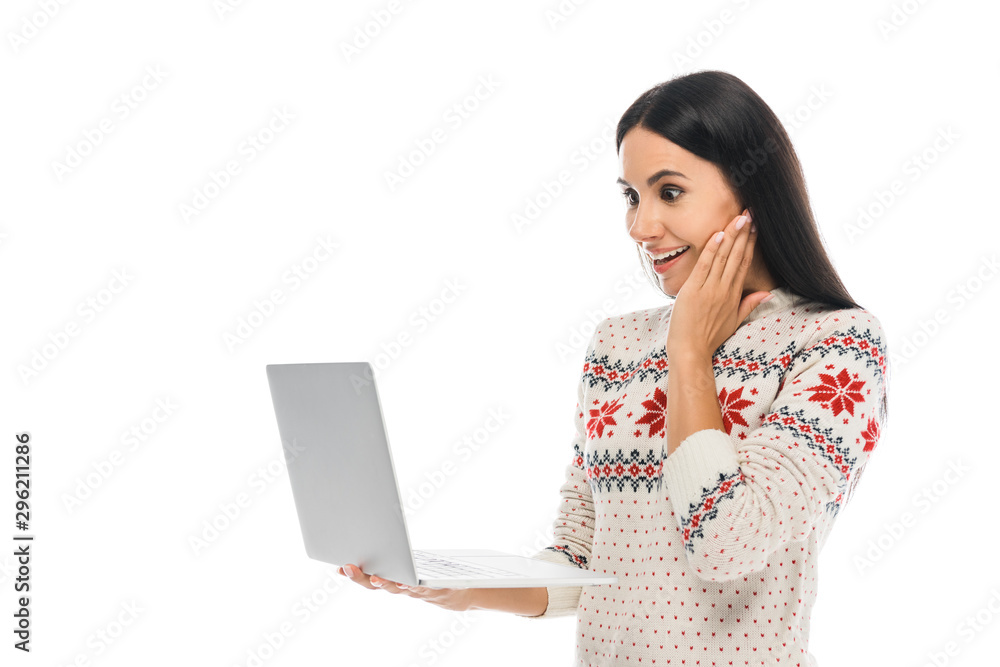 excited woman looking at laptop isolated on white excited woman looking at laptop isolated on white