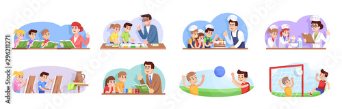 After school flat vector illustrations set. Extracurricular activities. Interest clubs for boys and girls. Additional education for kids. Children going for elective courses cartoon characters
