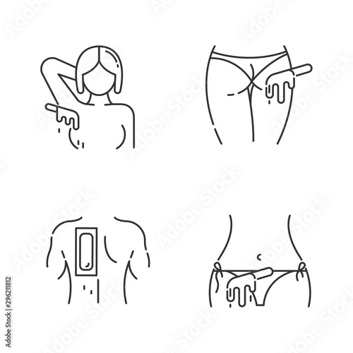 Hot waxing linear icons set. Armpit, buttocks, back, bikini hair removal. Cold wax strips. Body hair depilation. Thin line contour symbols. Isolated vector outline illustrations. Editable stroke