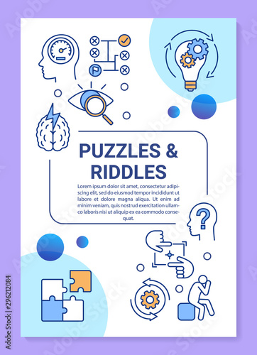 Puzzles and riddles poster template layout. Escape room banner, booklet, leaflet print design with linear icons. Strategy reality game vector brochure page layout for magazines, advertising flyers