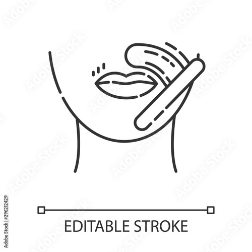 Upper lip waxing linear icon. Female facial hair removal procedure. Depilation with natural hot sugar wax. Thin line illustration. Contour symbol. Vector isolated outline drawing. Editable stroke