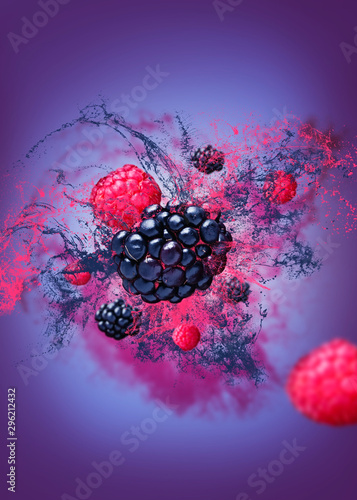 Raspberries and blackberries falling from the air on purple bottomed juice. Food levitation concept, high-resolution image photo