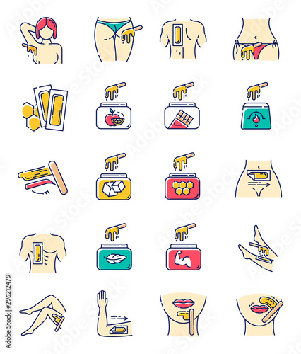 Waxing beige color icons set. Female, male hair removal procedure. Cold, hot wax in jar with spatula. Depilation equipment. Professional beauty treatment cosmetics. Isolated vector illustrations