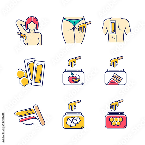 Waxing color icons set. Armpit, buttocks, back, brow hair removal. Natural fruit, sugar wax in jar. Cold depilation strips. Professional beauty treatment cosmetics. Isolated vector illustrations