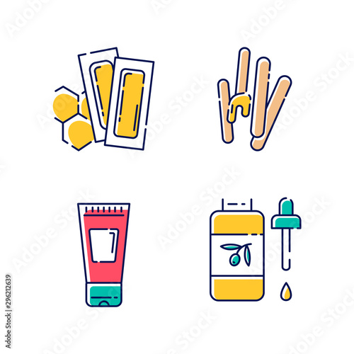Waxing tools color icons set. Hot, soft wax strips with spatula. Hair removal equipment. Body lotion, oil for depilation. Professional beauty treatment cosmetics. Isolated vector illustrations