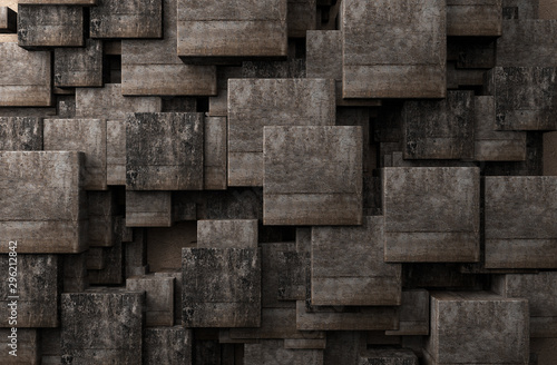 Stone cubes in a dark room.Concrete and cement block walls.3d illustration