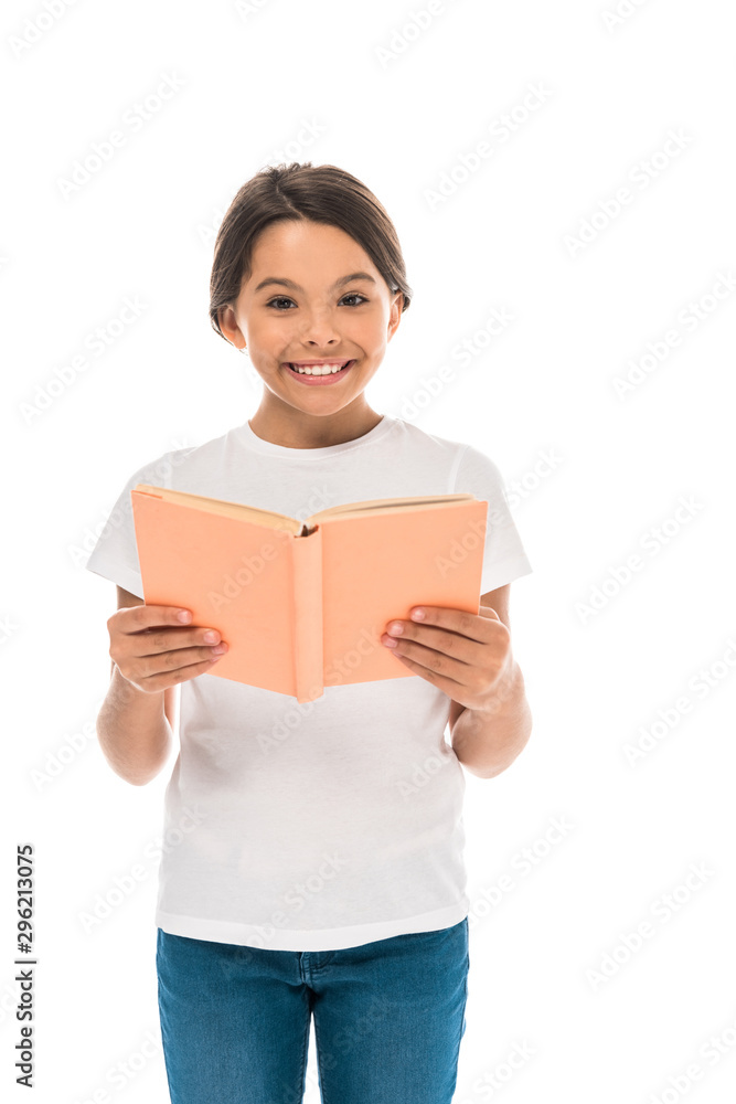 cheerful kid holding book isolated on white cheerful kid holding book isolated on white