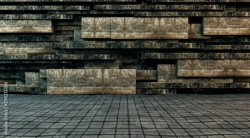 Abstract concrete background of modern architecture.Detail of wall with cubes and geometric shapes and floor in the street.
