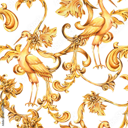 Watercolor golden baroque crane seamless pattern, floral curl, rococo ornament. Hand drawn gold scroll, leaves on white background
