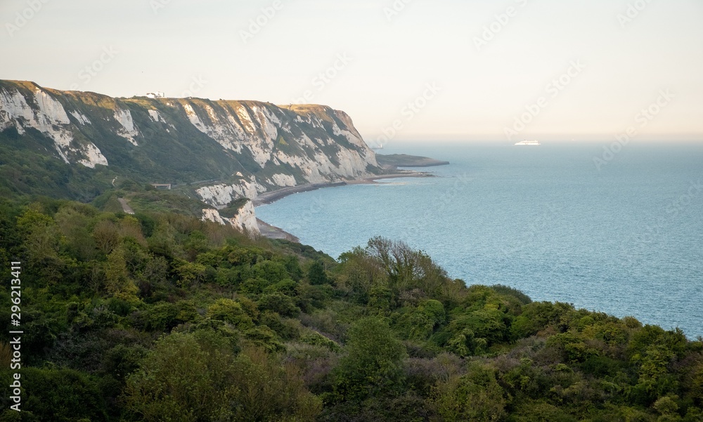 View at white cliffs of Dover, grass, trees and rocks