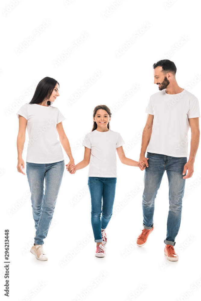 happy kid holding hands with parents isolated on white happy kid holding hands with parents isolated on white
