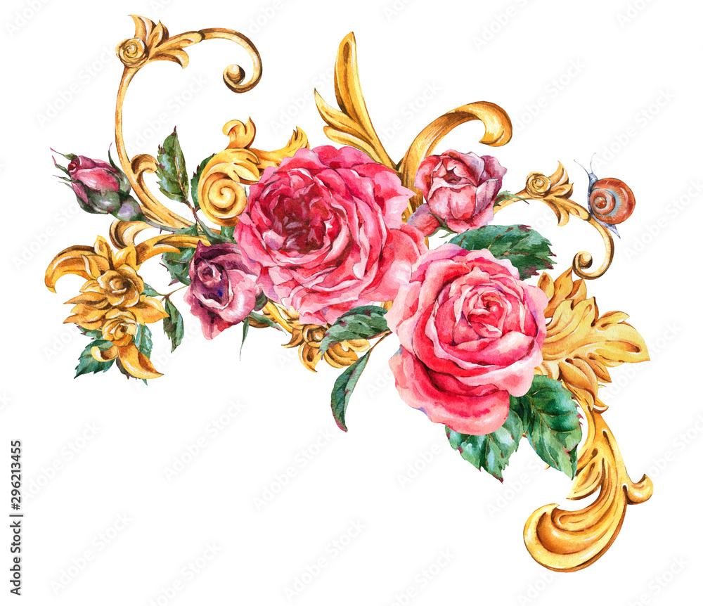 Rococo Roses Designs Watercolor golden baroque floral curl and red roses vignette, rococo ...