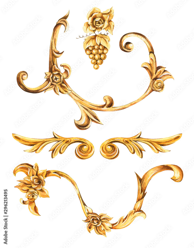 Watercolor golden baroque set of floral curl, rococo ornament element. Hand drawn gold scroll, grape, leaves isolated on white background - obrazy, fototapety, plakaty 