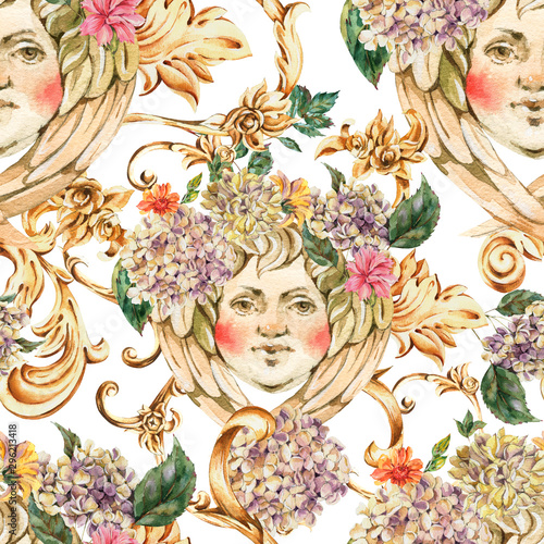 Fototapeta Naklejka Na Ścianę i Meble -  Watercolor golden baroque angel seamless pattern with hydrangea and wildflowers, rococo ornament
