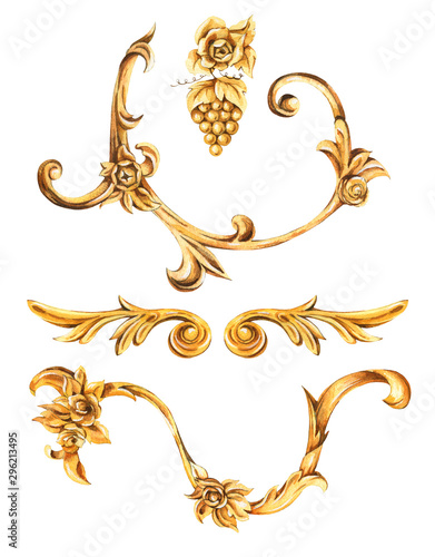 Watercolor golden baroque set of floral curl, rococo ornament element. Hand drawn gold scroll, grape, leaves isolated on white background photo