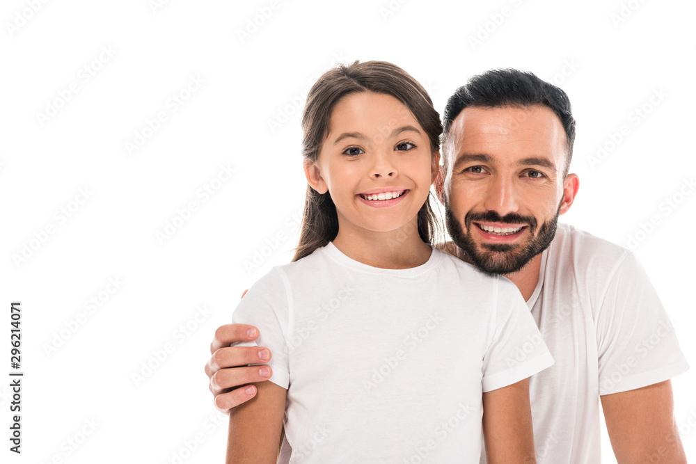 happy father hugging kid and smiling isolated on white happy father hugging kid and smiling isolated on white