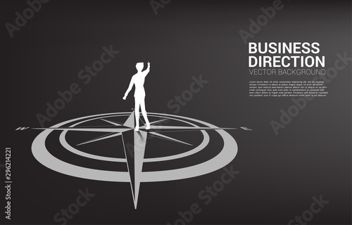 Silhouette of businessman standing at center of compass on floor and point forward.Concept of career path and business direction