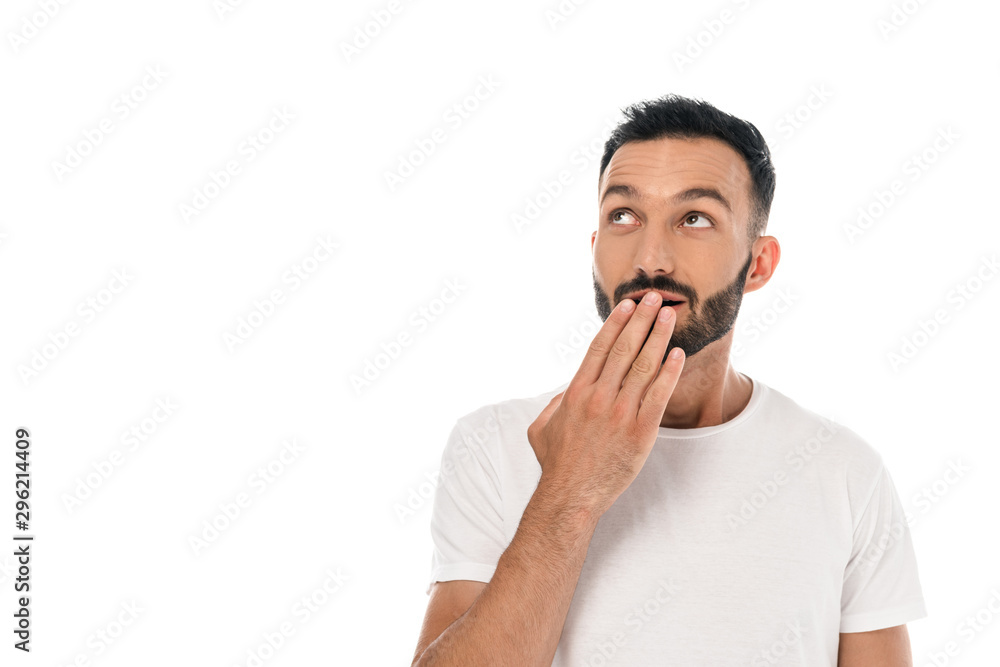 surprised man covering mouth isolated on white surprised man covering mouth isolated on white