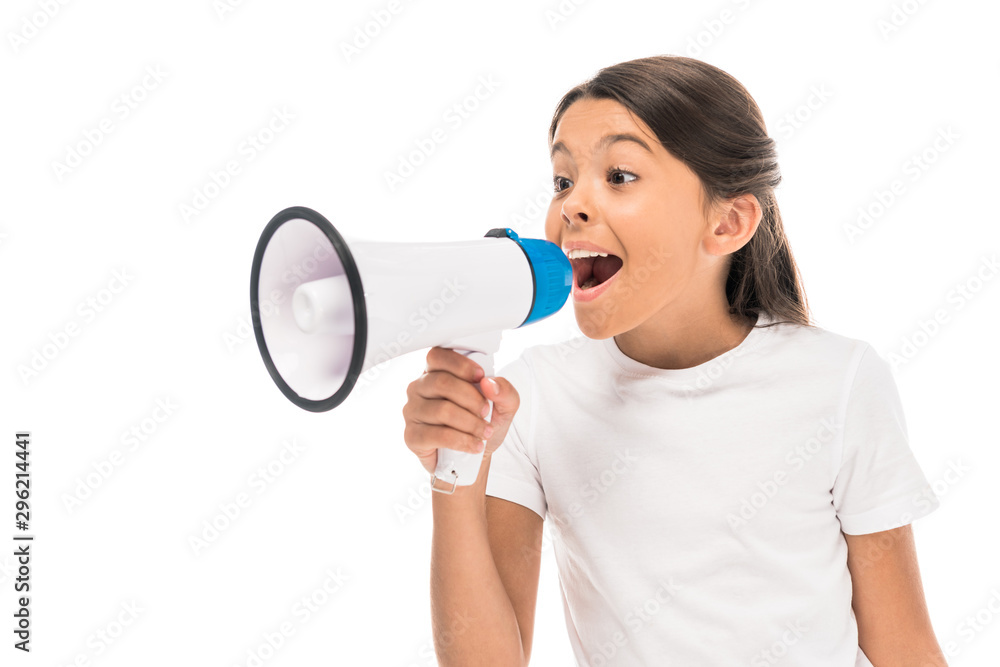 cute kid screaming in megaphone isolated on white cute kid screaming in megaphone isolated on white