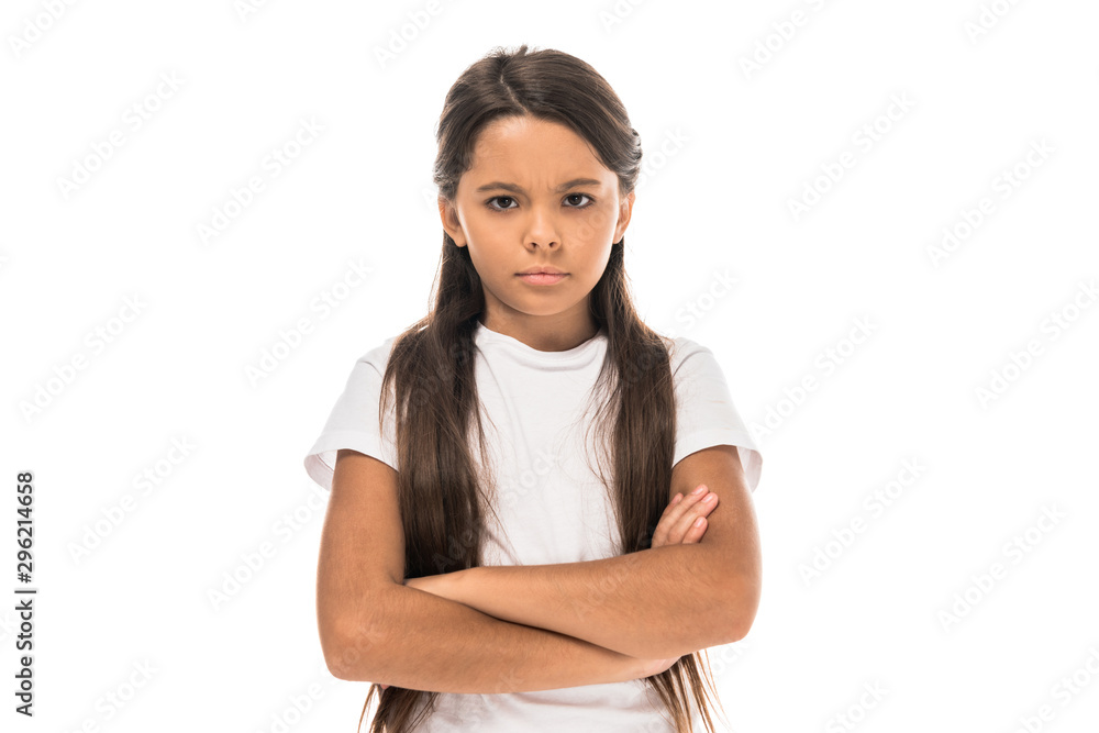 sad kid standing with crossed arms isolated on white sad kid standing with crossed arms isolated on white