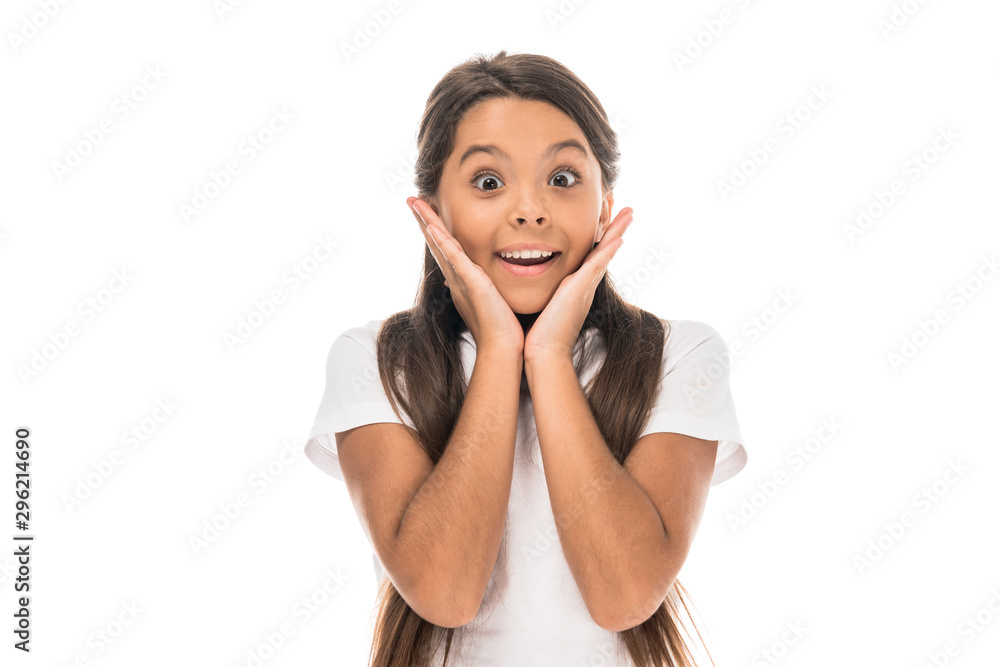 happy kid touching face isolated on white happy kid touching face isolated on white