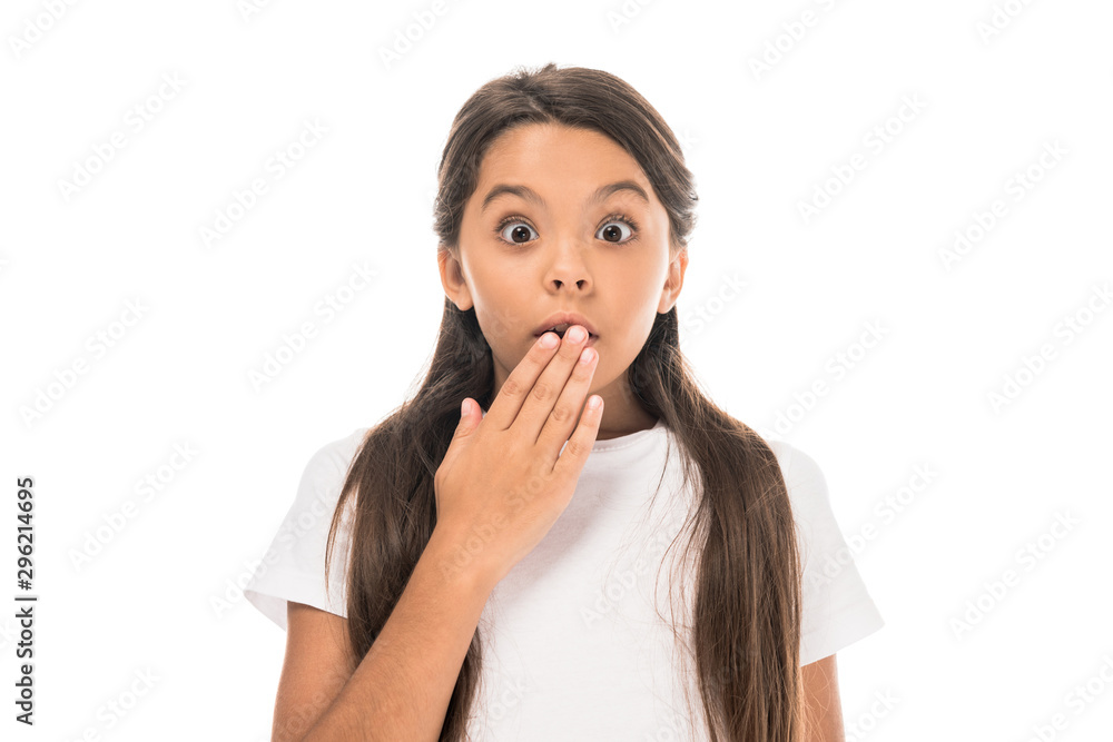 shocked kid covering mouth isolated on white shocked kid covering mouth isolated on white